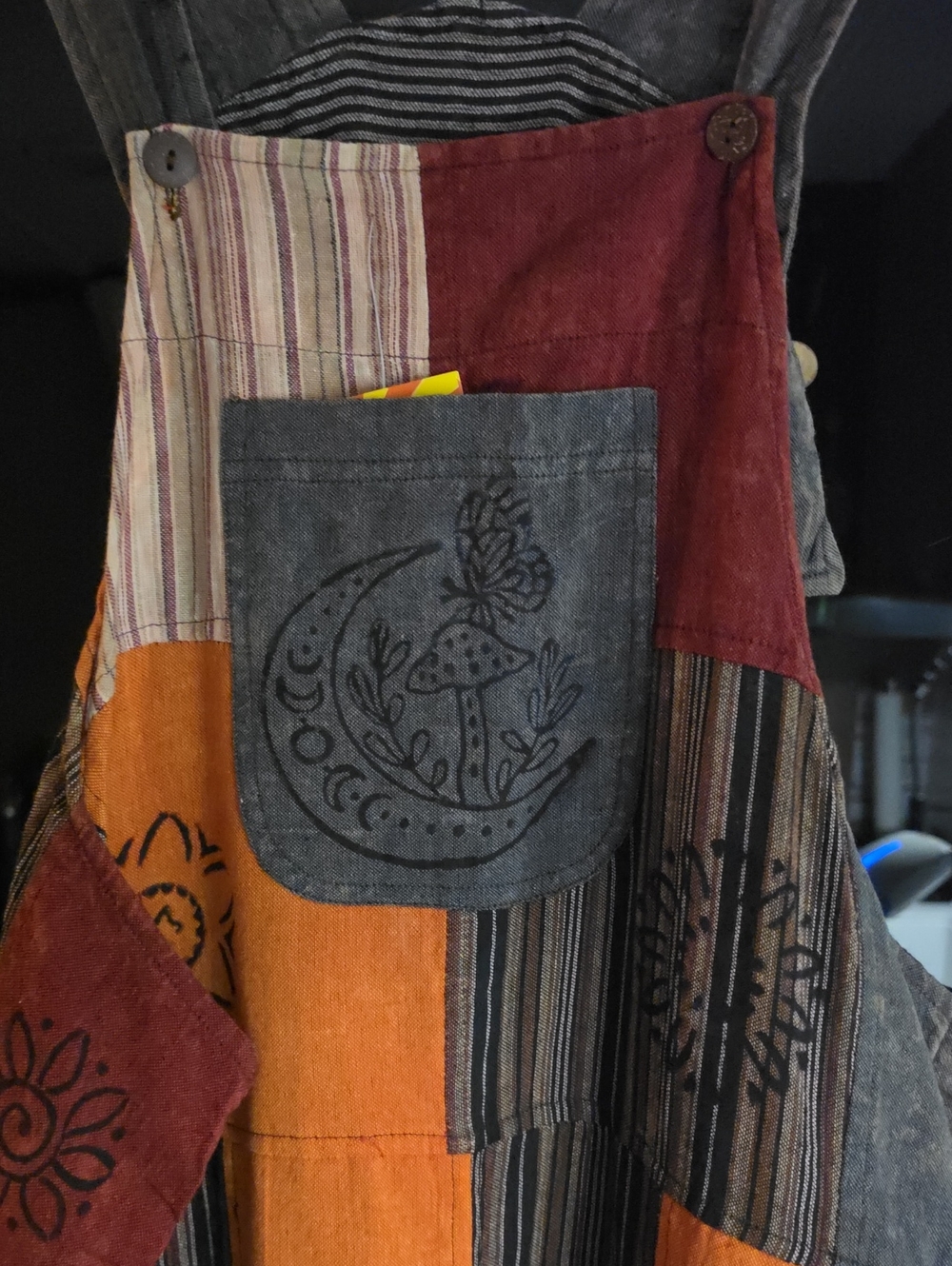 🍄NWT, BOHEMIAN PATCH OVERALLS BY " RISING INTERNATIONAL" 🍂 - Picture 9 of 17